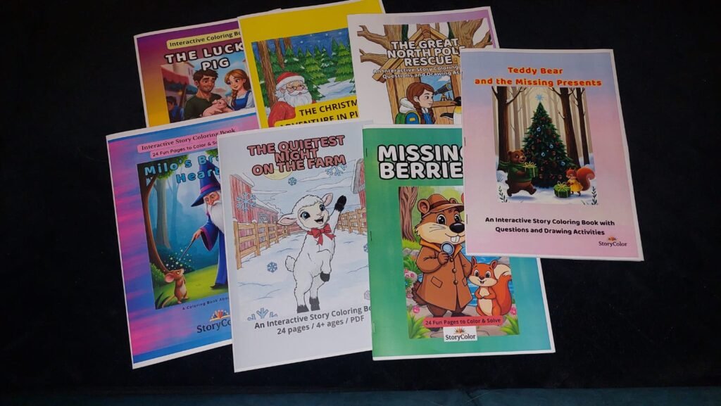 Seven cover pages of StoryColor coloring books, showcasing different story-based activity books for kids ages 4-8