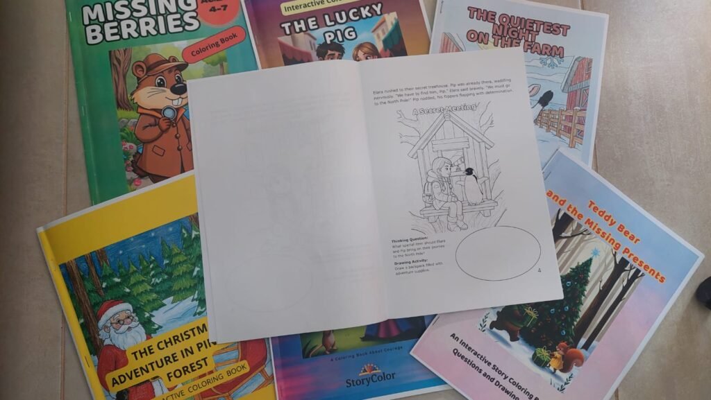 StoryColor coloring book cover and colorful interior pages for kids ages 4-8
