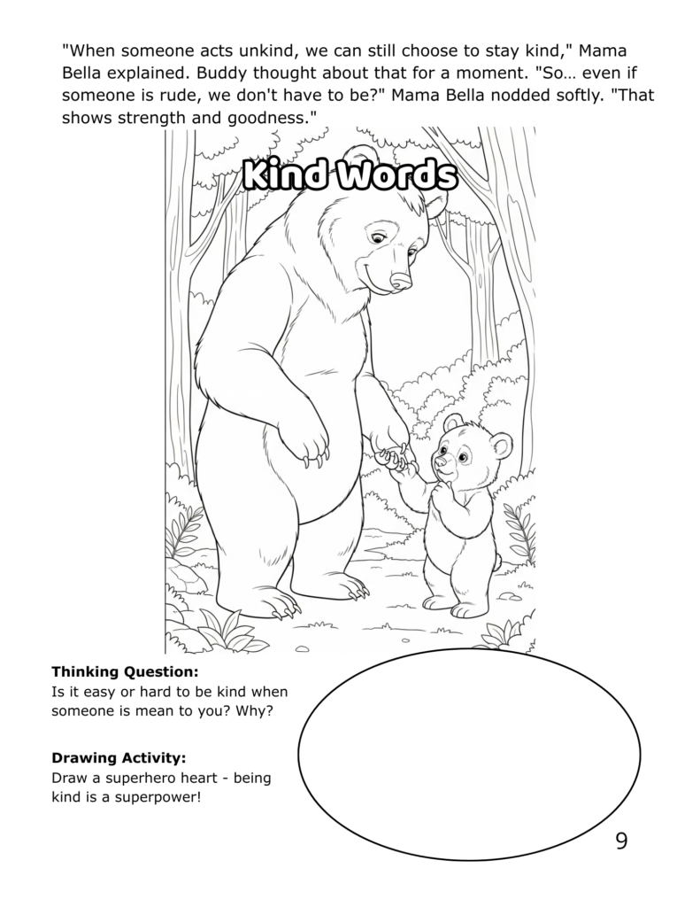 Gentle story scene showing a child character learning about feelings