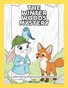 The Winter Woods Mystery printable coloring book for kids - forest detective adventure with bunny and fox