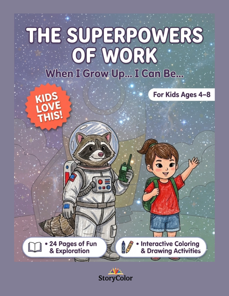 The Superpowers of Work printable career coloring book for kids ages 4-8 - Maya and astronaut raccoon on space background