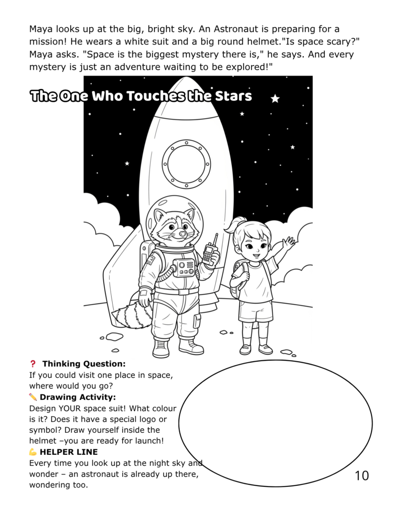 Maya meeting the astronaut raccoon at the rocket ship - printable coloring page from The Superpowers of Work career coloring book for kids ages 4-8