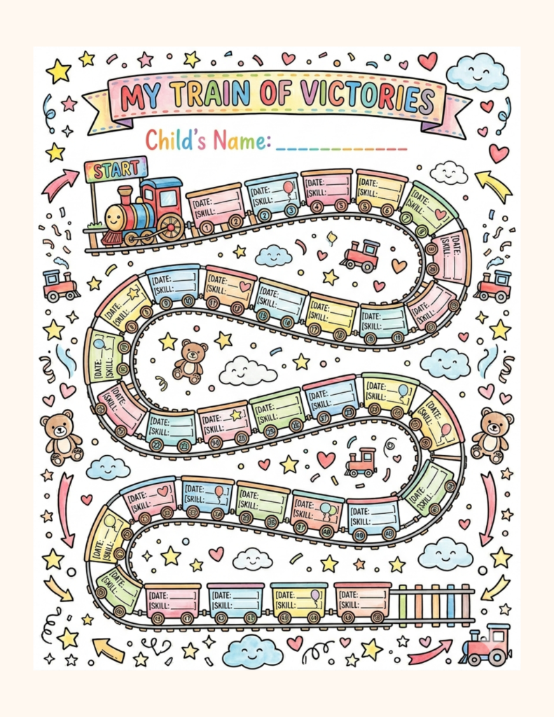 My Train of Victories memory journal — illustrated train with 50 wagons representing baby milestones, watercolor pastel design for moms