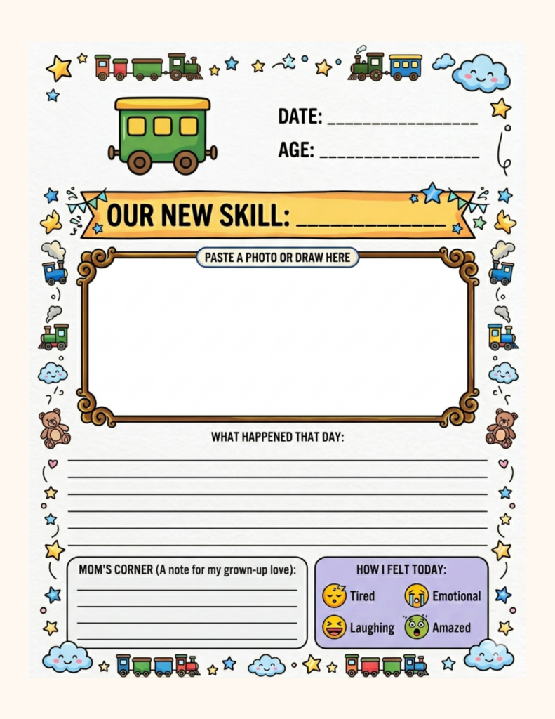 My Train of Victories victory wagon journal page — watercolor baby milestone memory page with writing prompts for moms