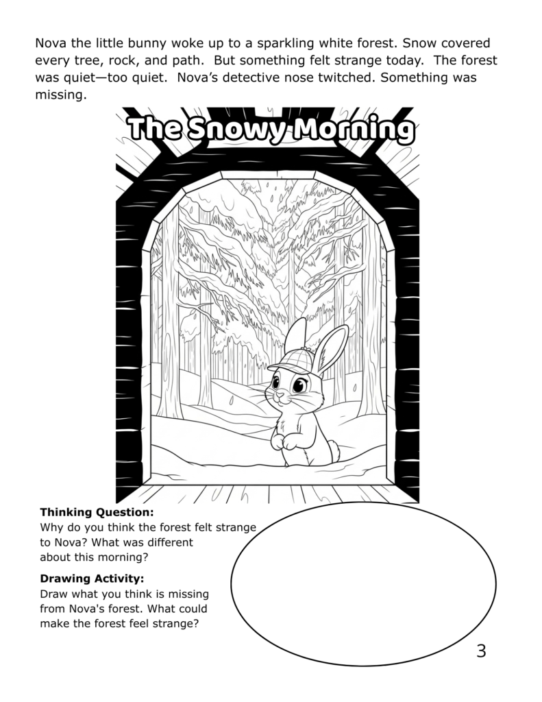 Nova the bunny detective looking out at the snowy winter forest - printable coloring page for kids ages 5-8