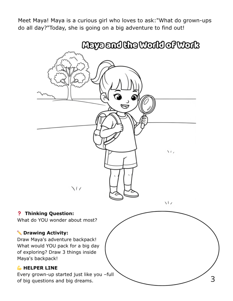 Maya holding a magnifying glass ready to explore careers - printable coloring page from The Superpowers of Work career coloring book for kids ages 4-8