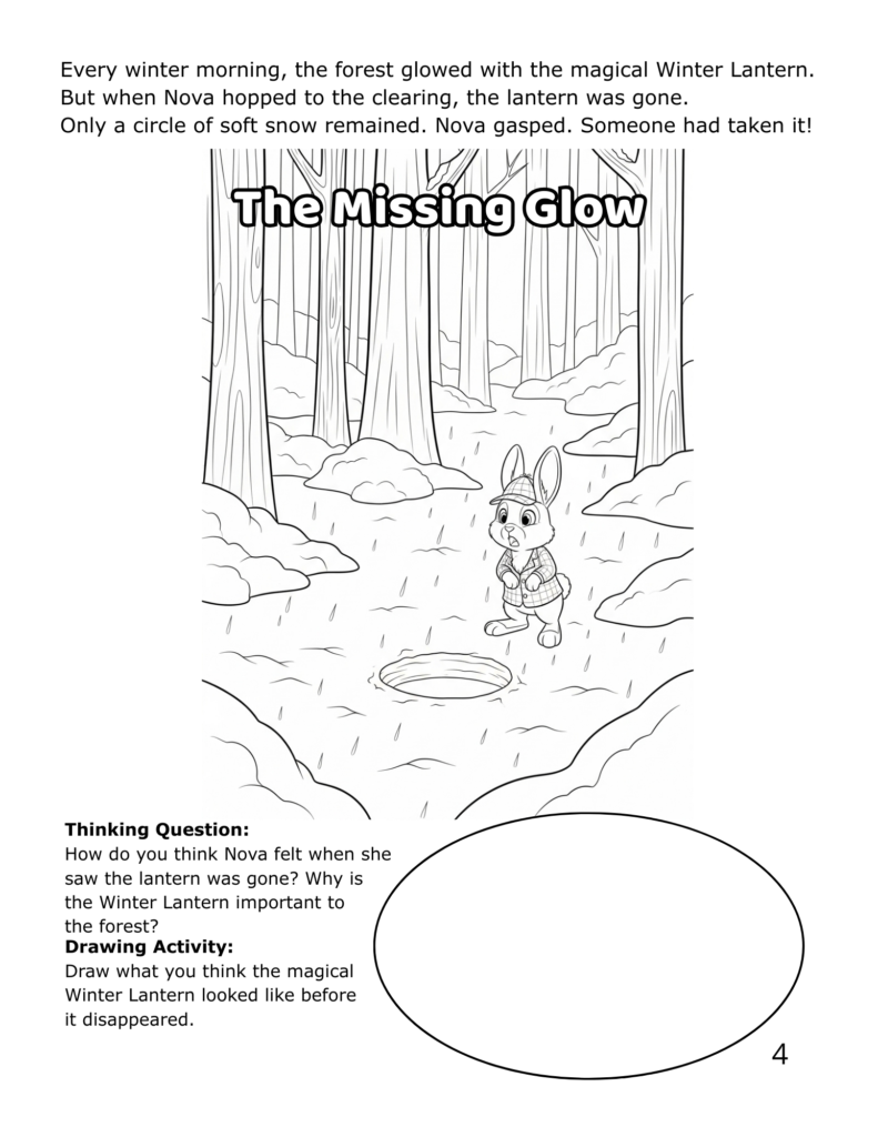 Nova the bunny detective discovering the missing Winter Lantern spot in the snowy forest clearing - printable coloring page for kids ages 5-8
