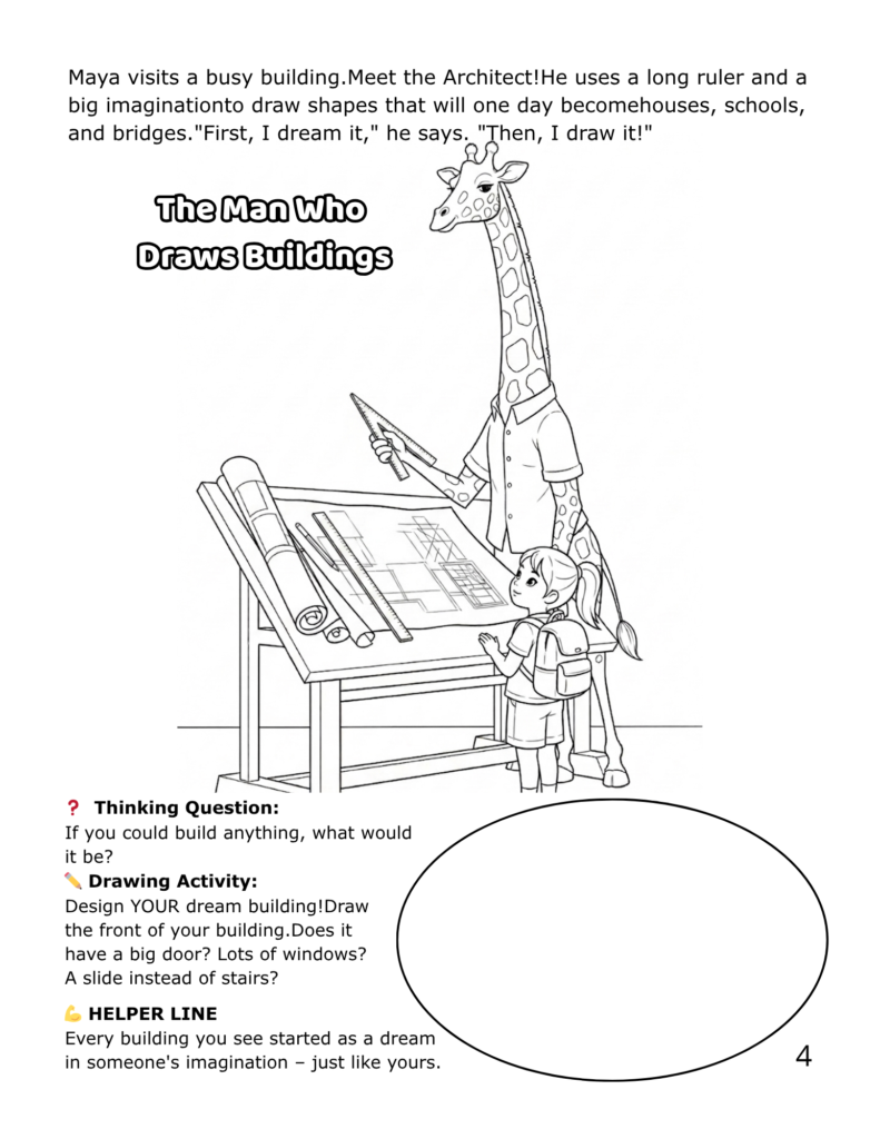 Maya meeting the giraffe architect at the drawing board - printable coloring page from The Superpowers of Work career coloring book for kids ages 4-8