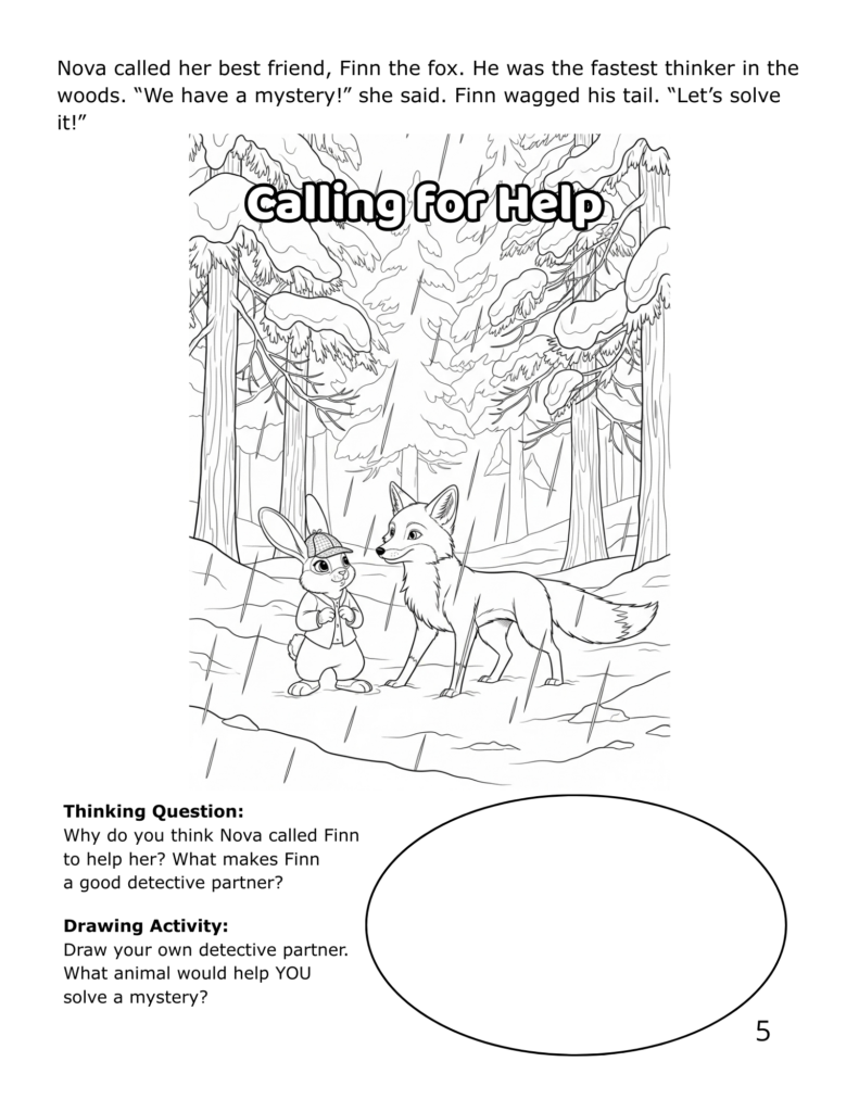 Nova the bunny detective meeting Finn the fox in the snowy winter forest - printable coloring page for kids ages 5-8