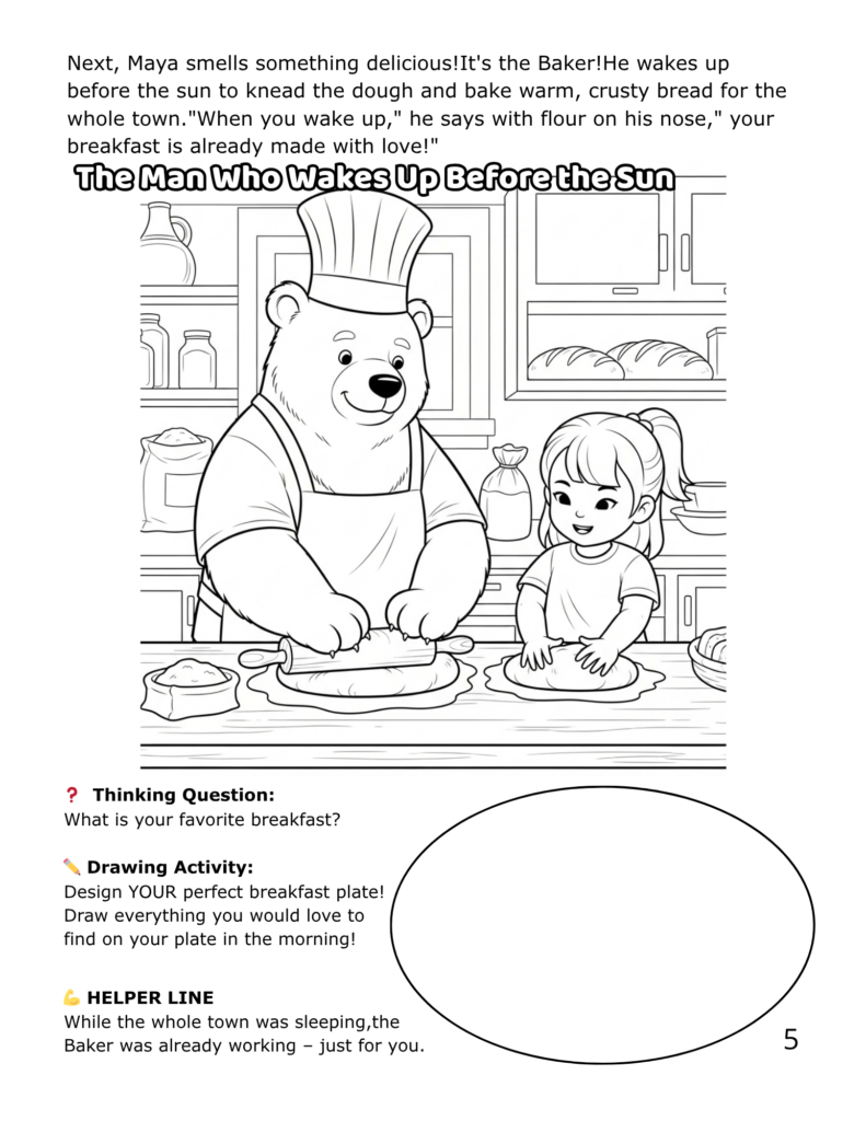Maya baking bread with the bear baker in the kitchen - printable coloring page from The Superpowers of Work career coloring book for kids ages 4-8