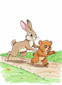 Cartoon illustration from the coloring book Be Kind, Buddy! showing a bunny behaving rudely by pushing Buddy on a forest path, while the bear looks upset, with green grass and soft pastel colors in the background