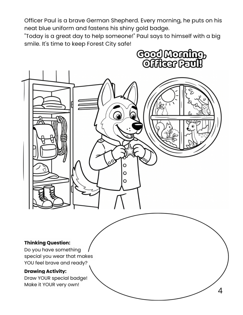 Officer Paul putting on his shiny gold police badge in front of a mirror, printable coloring page for kids.