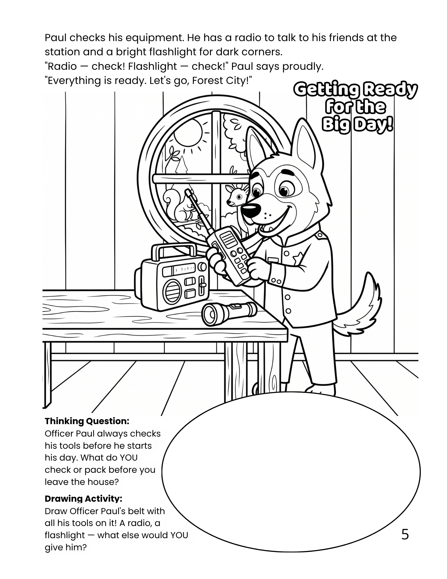 officer paul: guardian of the forest (interactive story coloring book) Officer Paul the police dog helping a family of cute ducks cross the forest road, kids educational coloring sheet.