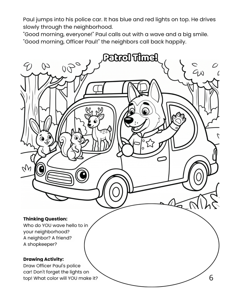 Officer Paul inspecting a missing bicycle case in the forest, interactive story coloring page for ages 4-8.