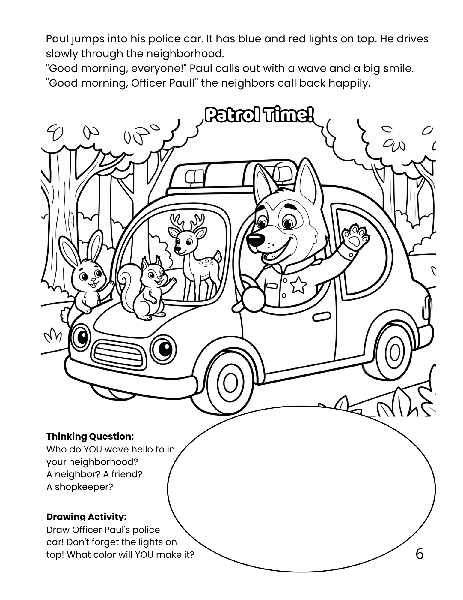 officer paul: guardian of the forest (interactive story coloring book) Officer Paul inspecting a missing bicycle case in the forest, interactive story coloring page for ages 4-8.