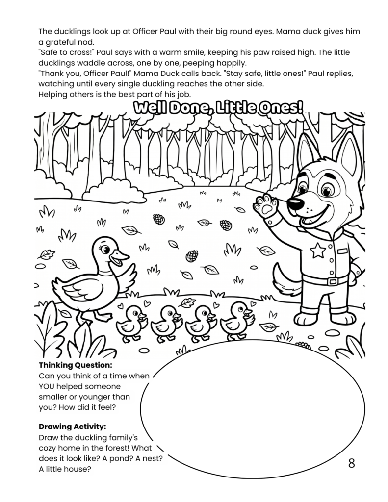 Officer Paul high fiving a happy child in Forest City, kids safety and community helpers coloring page.