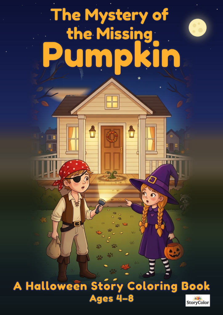 Free printable Halloween mystery coloring book cover for kids ages 4-8, featuring Mark and Anna in pirate and witch costumes with a glowing jack-o'-lantern named Pumpkin Queen