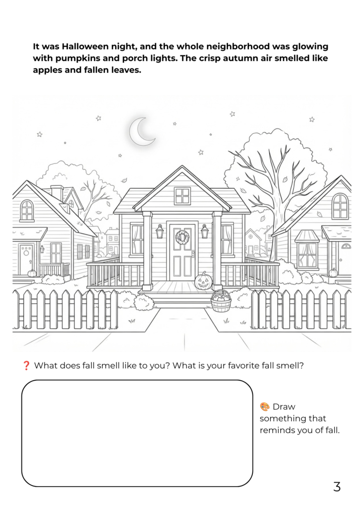 Free printable Halloween coloring page for kids showing a cozy neighborhood at night with a house decorated with a jack-o'-lantern, wreath, porch lights, crescent moon, and bare autumn tree