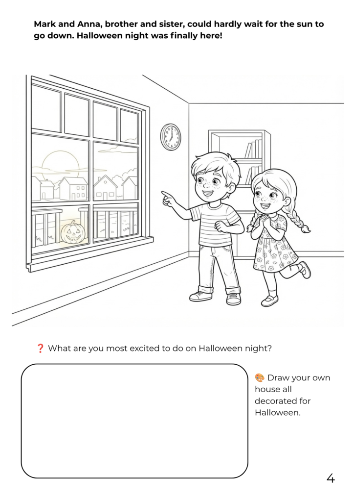 Free printable Halloween coloring page for kids showing brother and sister excitedly looking out a window at sunset, waiting for trick-or-treating to begin