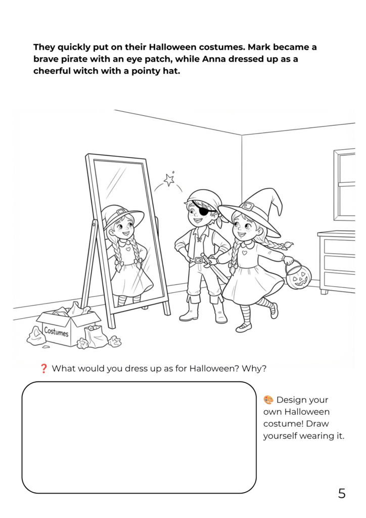 Free printable Halloween coloring page for kids showing a boy dressed as a pirate with an eye patch and a girl dressed as a witch with a pointy hat, admiring their costumes in a mirror